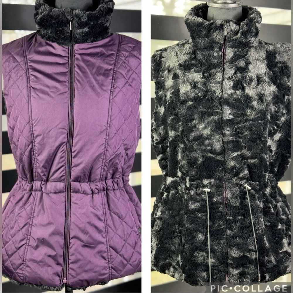 Reversible vest Giacca Gallery large black faux fur plum purple drawstring waist - Picture 1 of 9